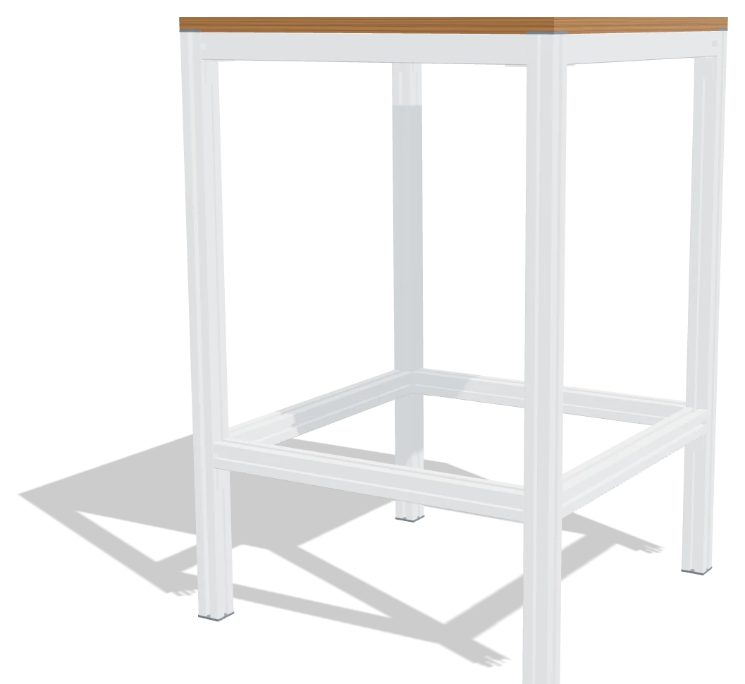 Mesa bistrô alta em perfil branco com tampo de madeira